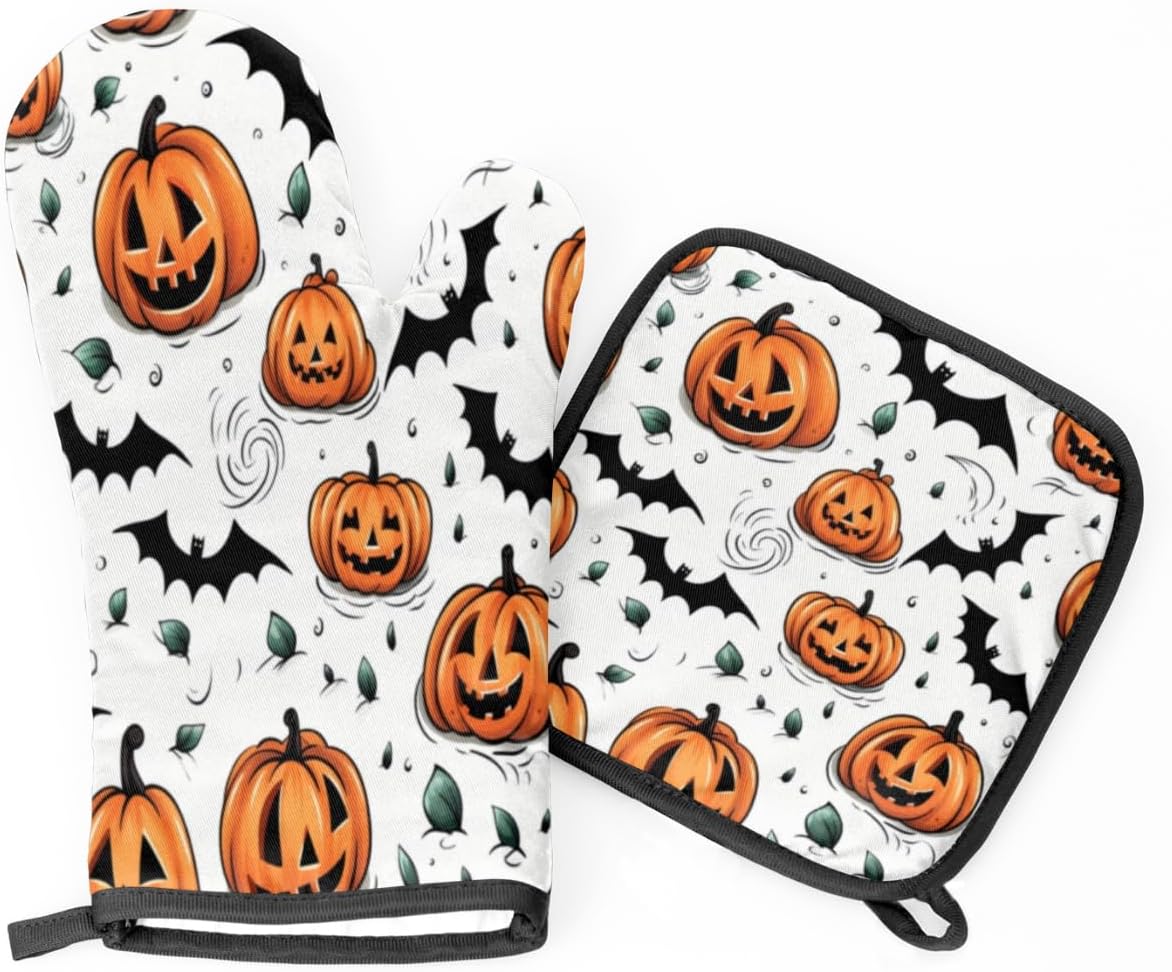 Pumpkin Halloween Bats Oven Mitts Pot Holders Set