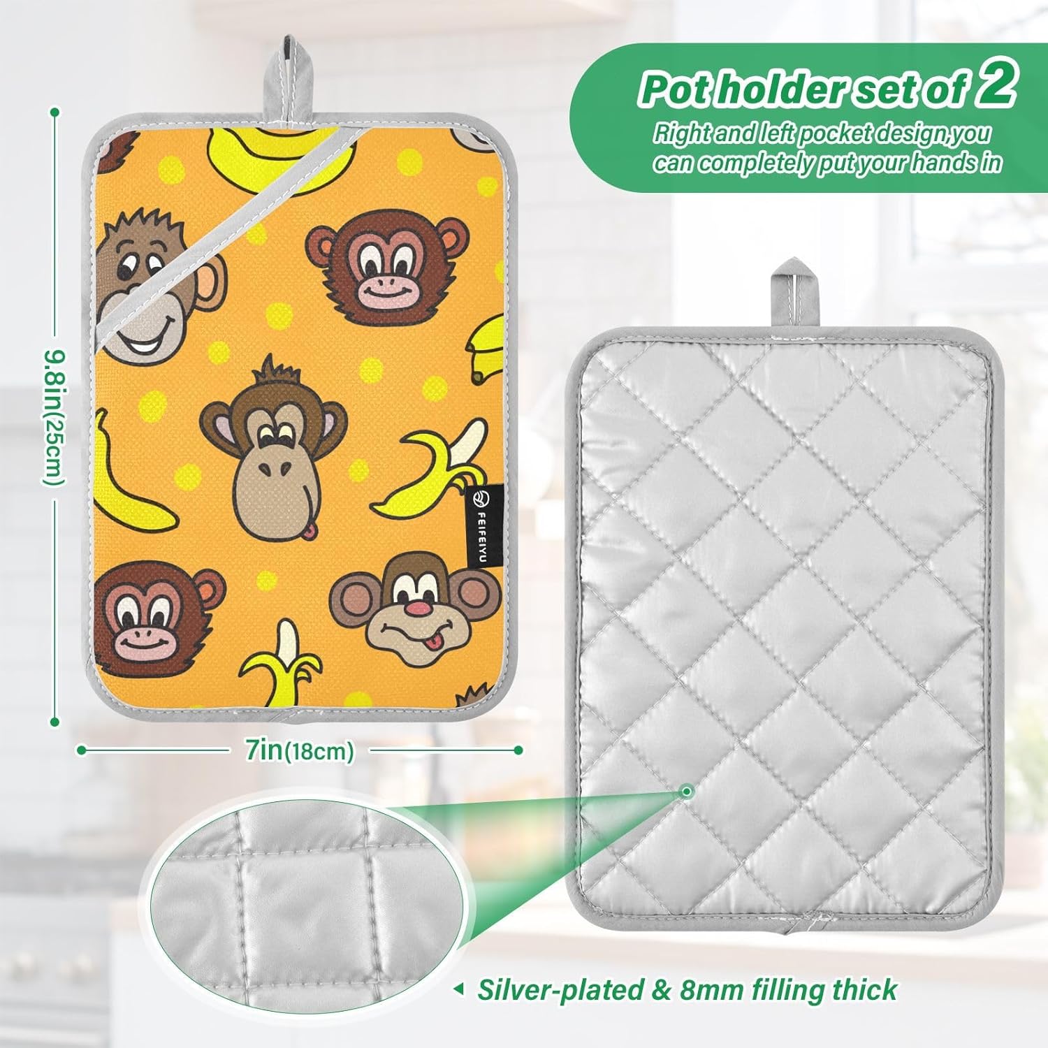Dalzium Cute Monkeys Bananas Potholder Set of 2