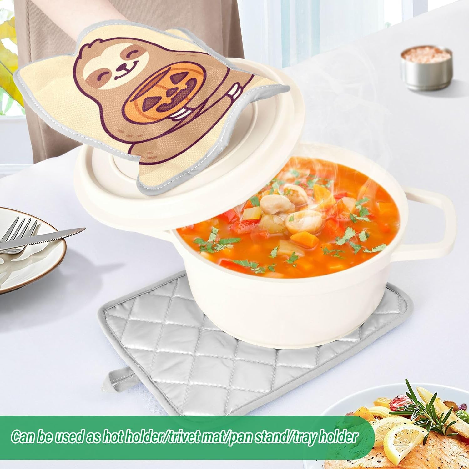Halloween 2-Piece Cute Sloth Pot Holder Set for Kitchen Pockets Mitts