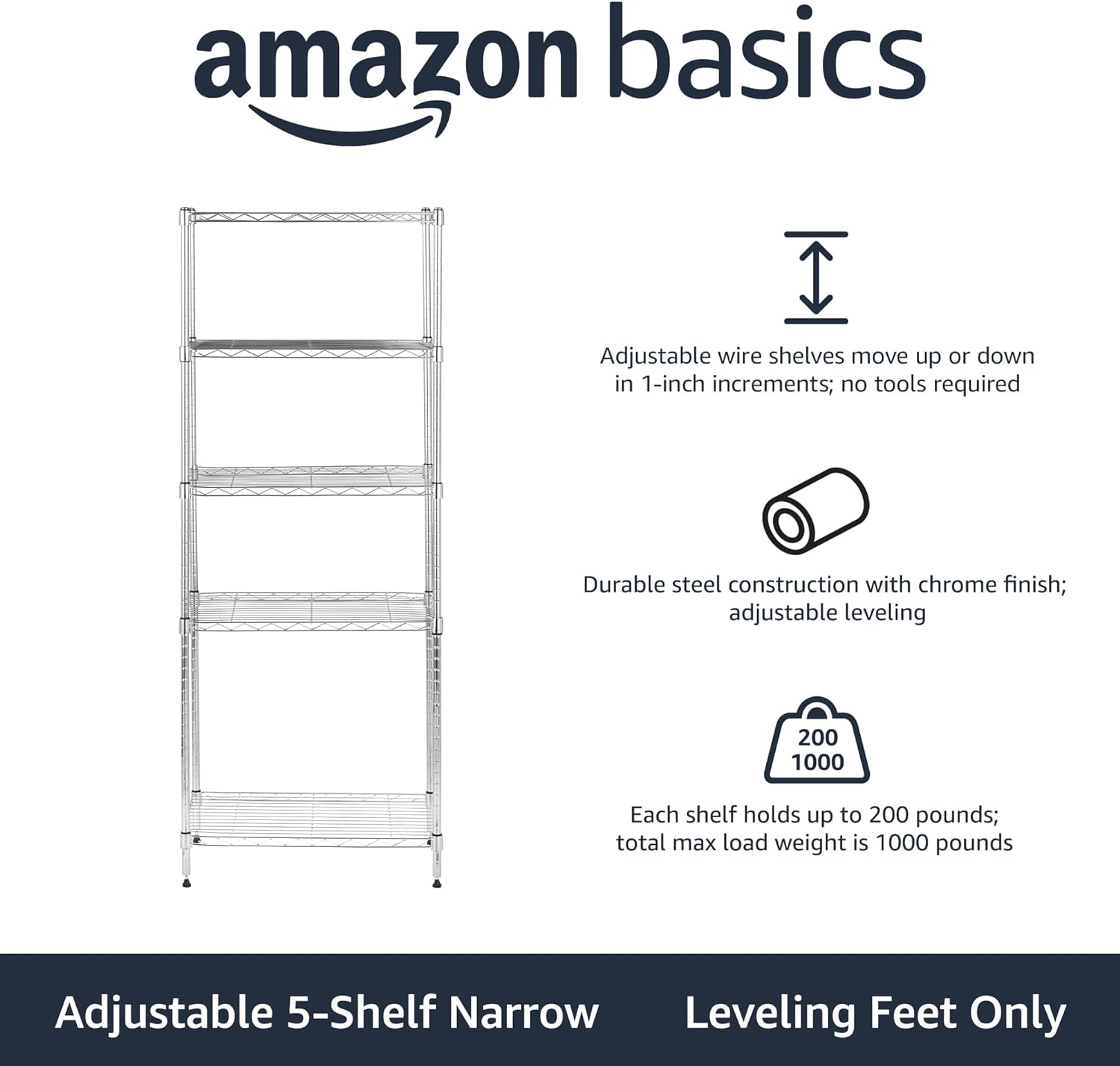 5-Shelf Adjustable Steel Storage Unit - Durable and Easy to Use