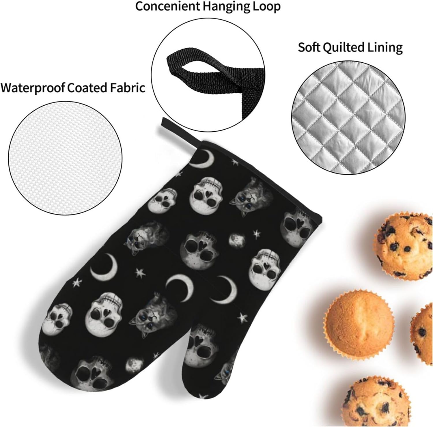 Black Cat Gothic Skull Oven Mitts Set of 4 Heat-Resistant Kitchen Pads