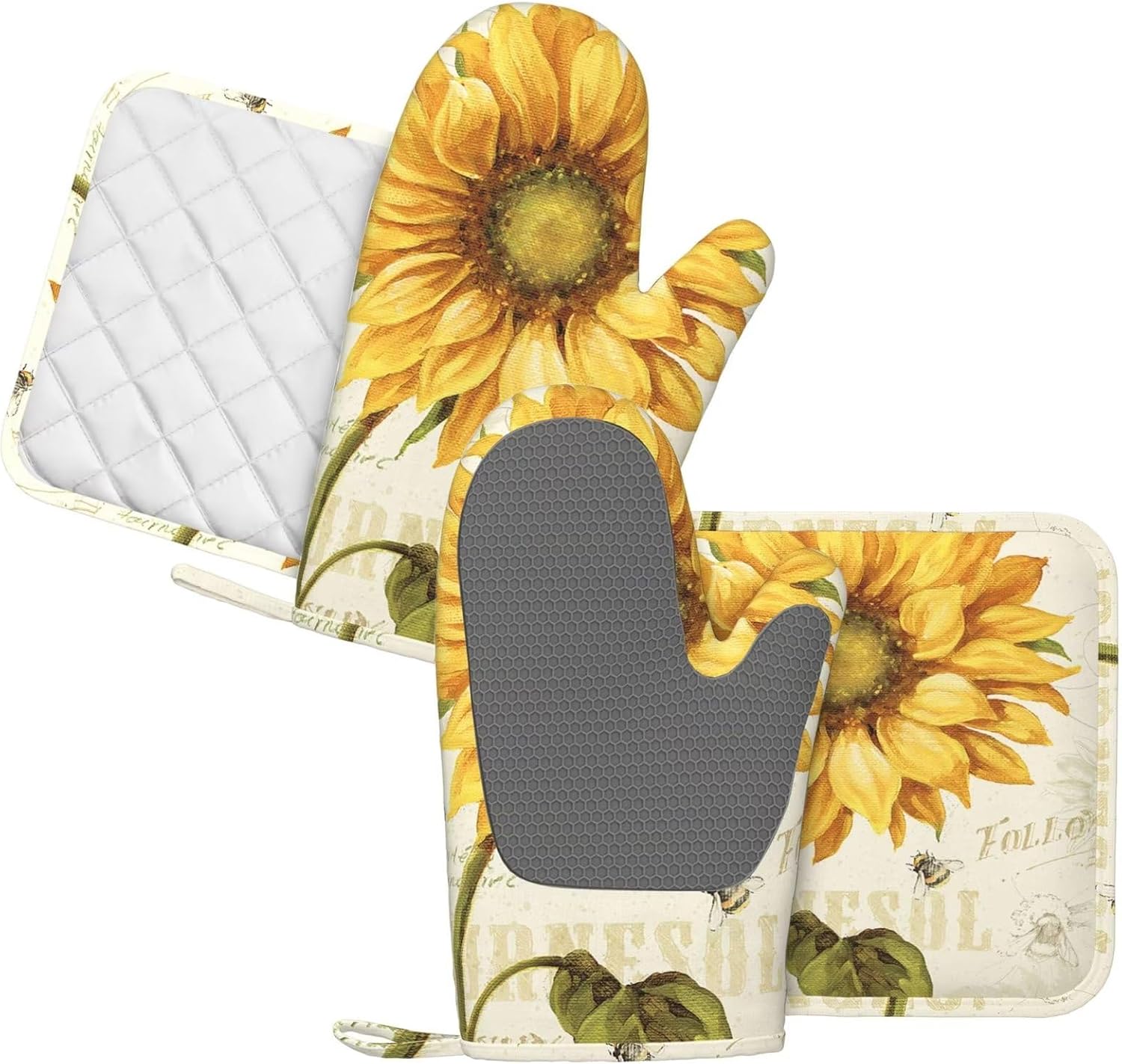 4-Piece Heat Resistant Sunflowers Oven Mitt Set