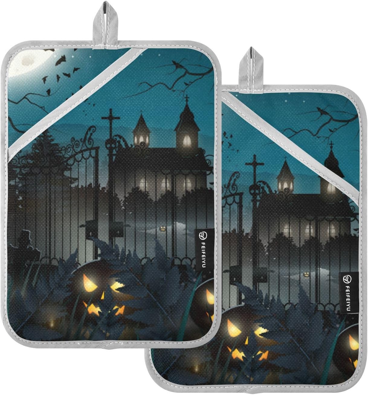 2Pcs Halloween Scary Old Church Pot Holder Set