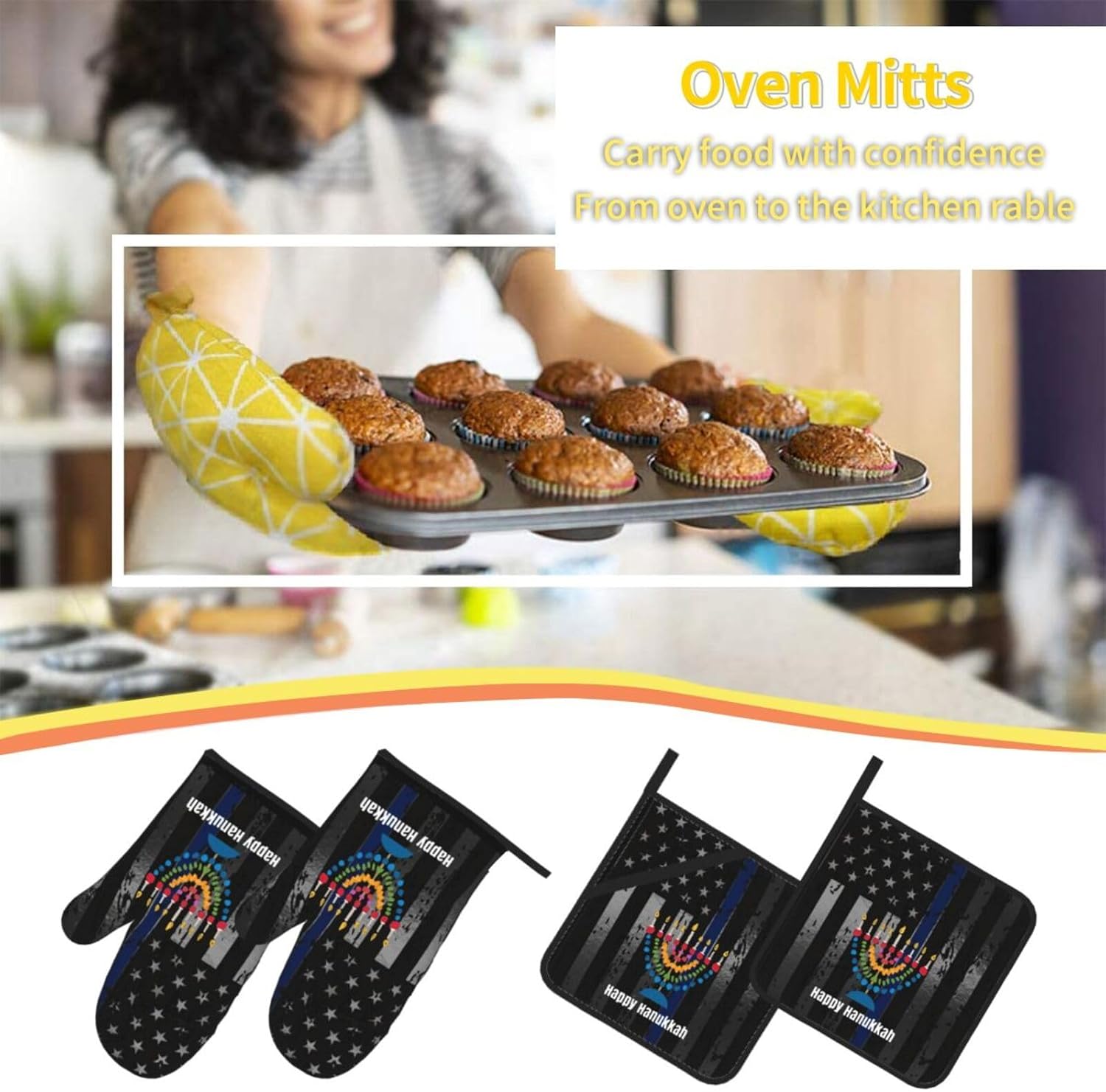 Happy Hanukkah Premium Heat-Resistant Oven Mitts Set