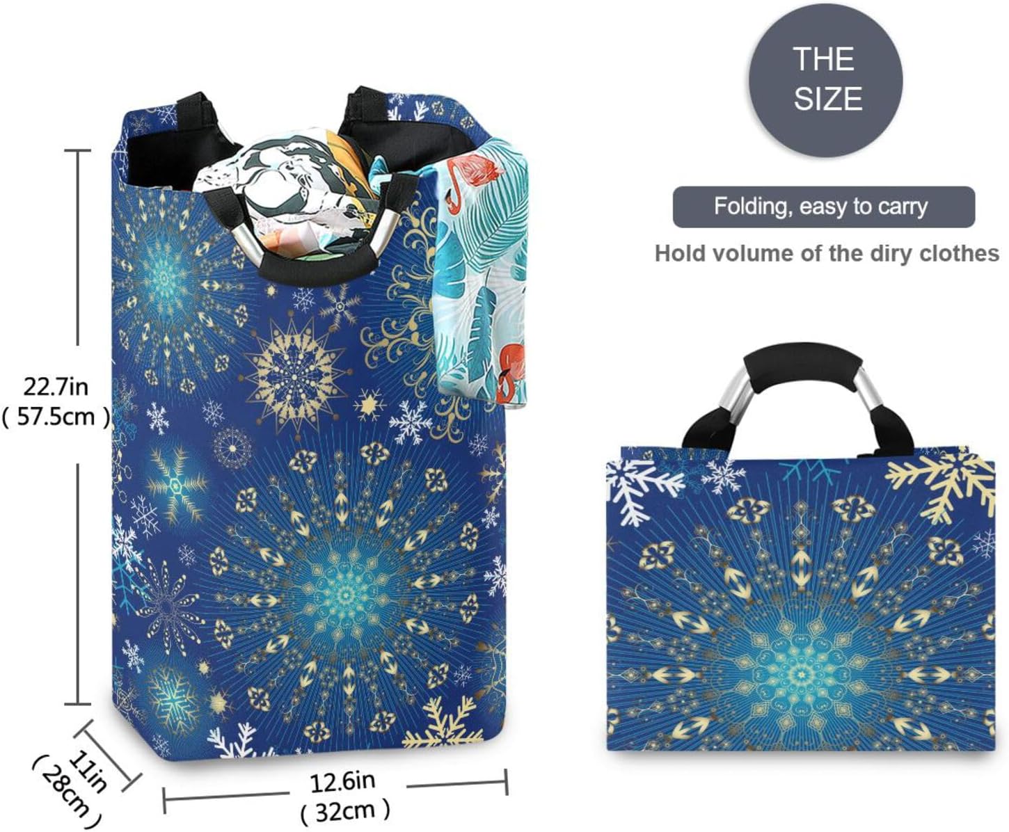 Kigai Collapsible Laundry Basket with Handles - Christmas Snowflake Design