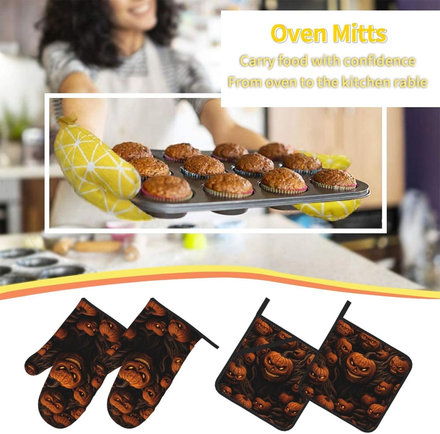 Pumpkin Oven Mitts Pot Holders Set of 4 Heat-Resistant Cooking Tools