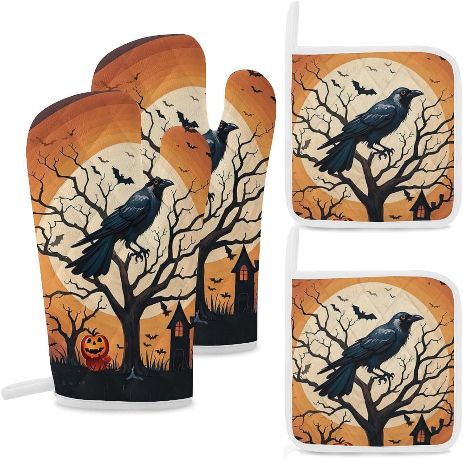 Raven Halloween Oven Mitts Pot Holders Set - Festive 4-Piece Heat-Resistant Gloves
