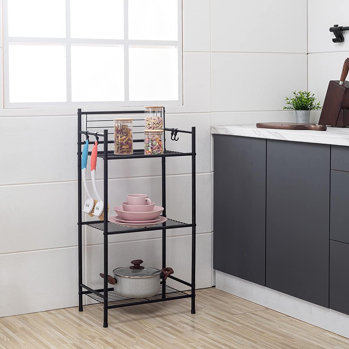 LH UNICO 3-Tier Wire Shelf Unit with 4 Hooks Black