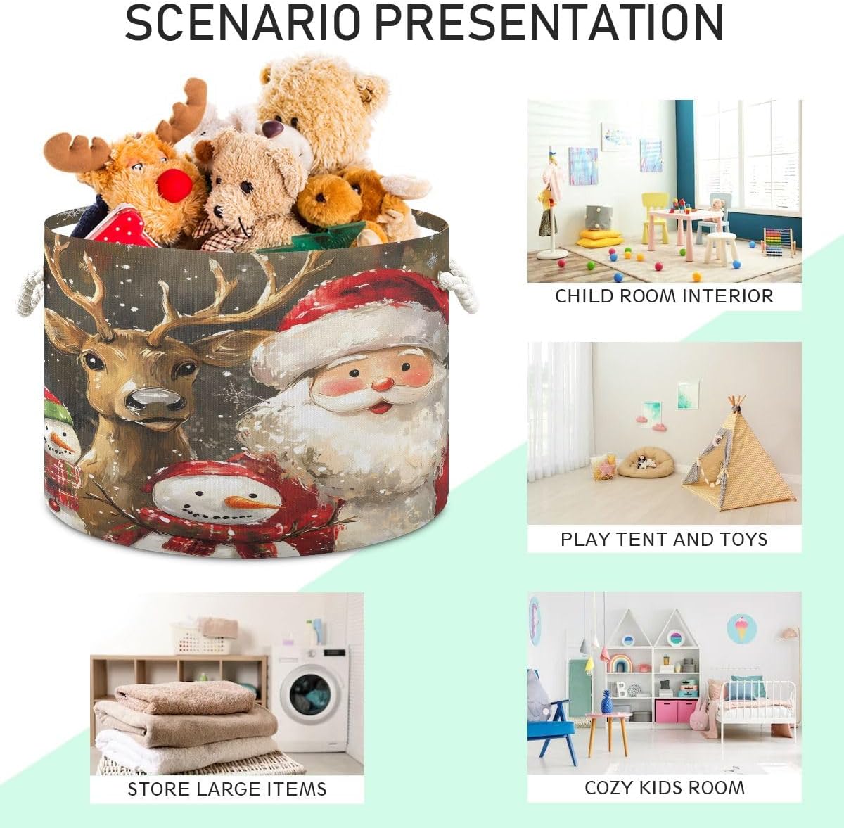 SUABO Reindeer Santa Snowman Canvas Laundry Basket with Handle