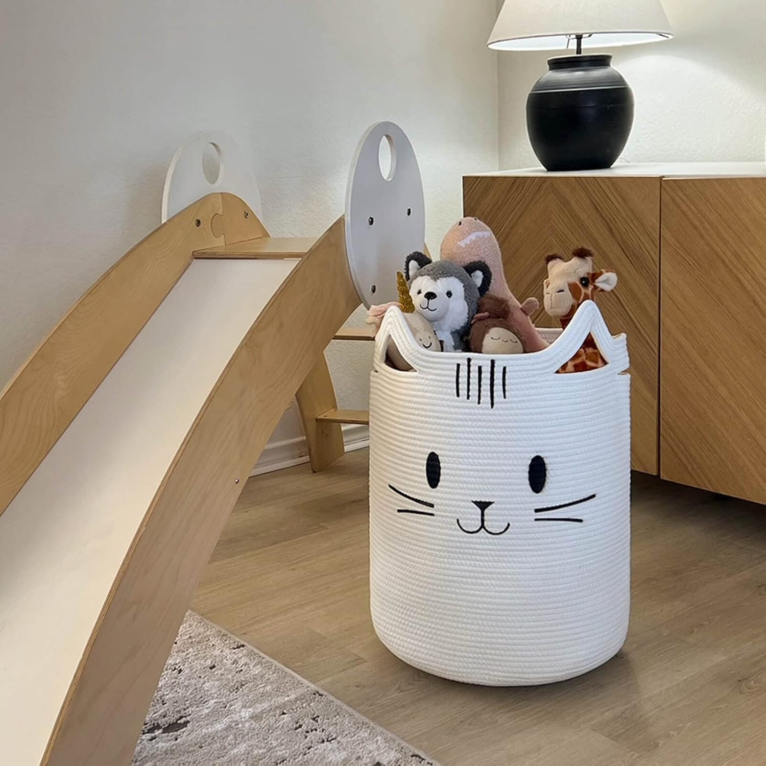 Sturdy Soft Cat Face Laundry Basket for Kids Pets White 16x20