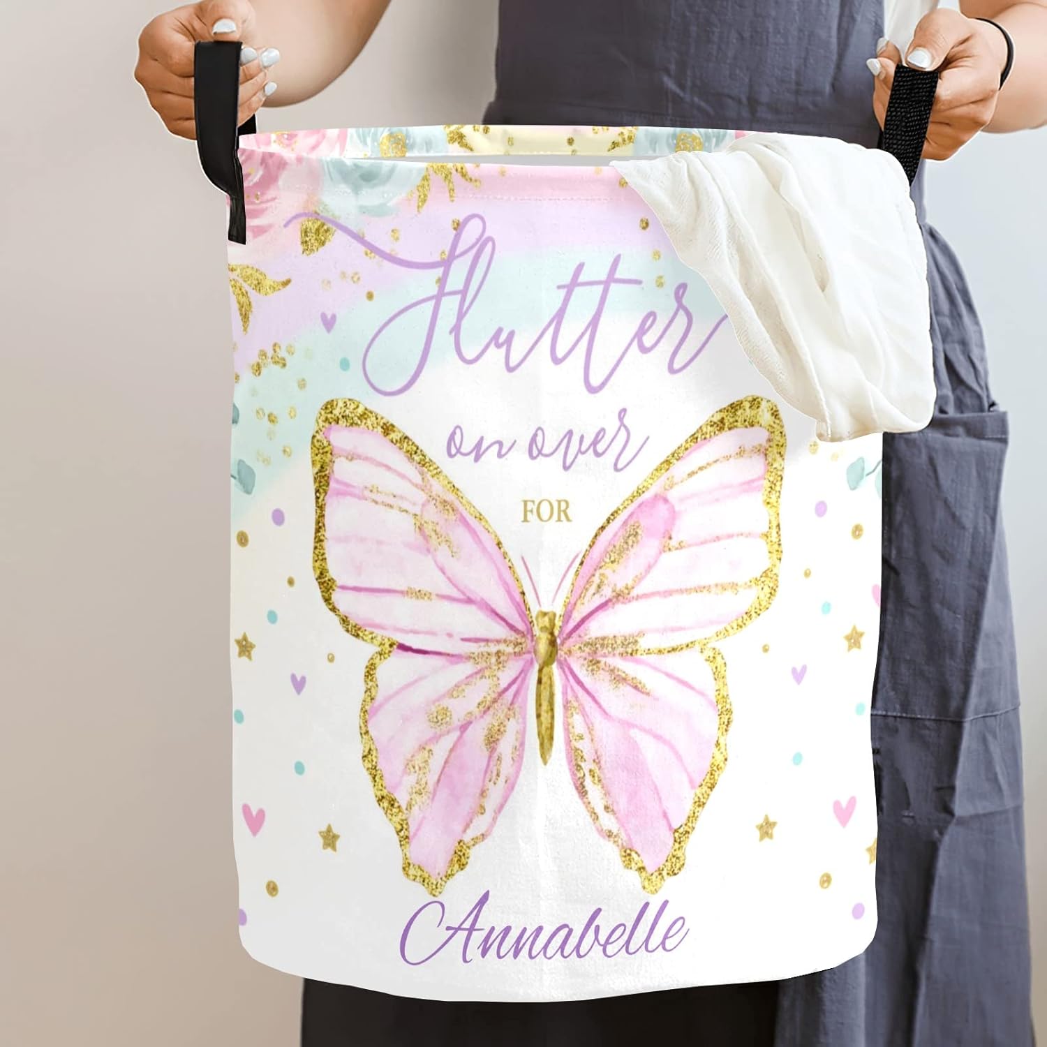 NZOOHY Butterfly Floral Pattern Personalized Waterproof Foldable Laundry Basket Bag with Handle