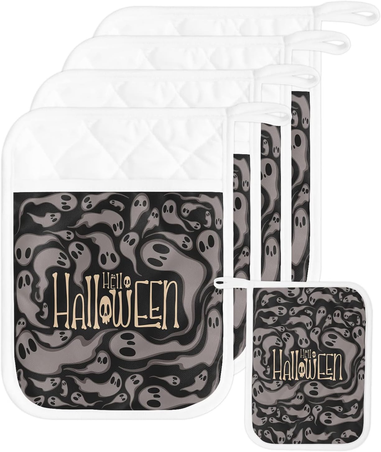 JasmineM Halloween Skeleton Pot Holder Set with 5 Potholders Gray Black