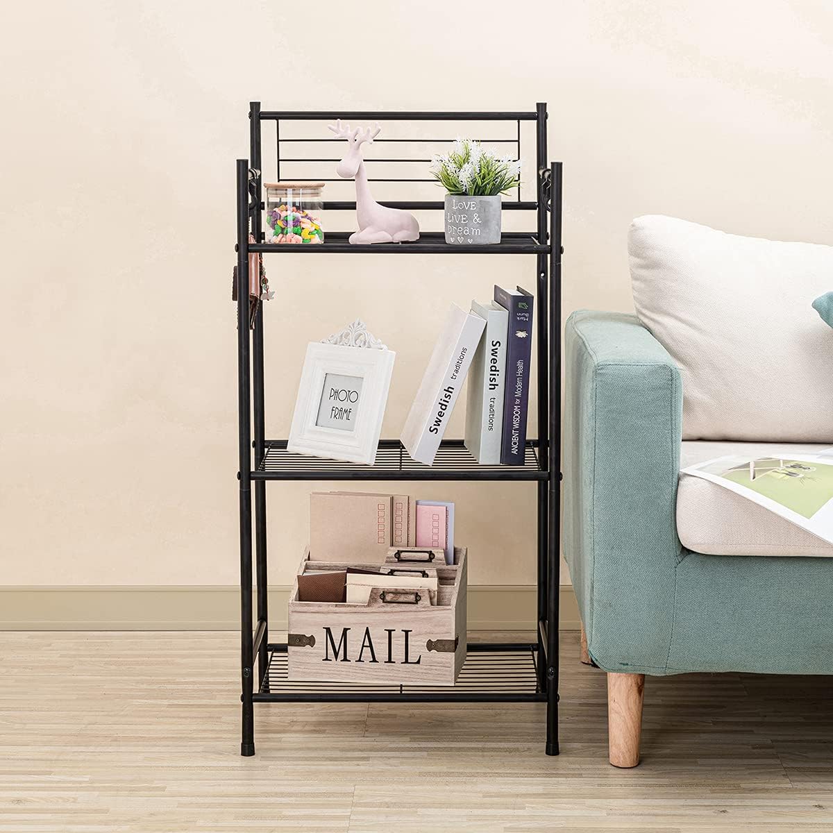 LH UNICO 3-Tier Wire Shelf Unit with 4 Hooks Black