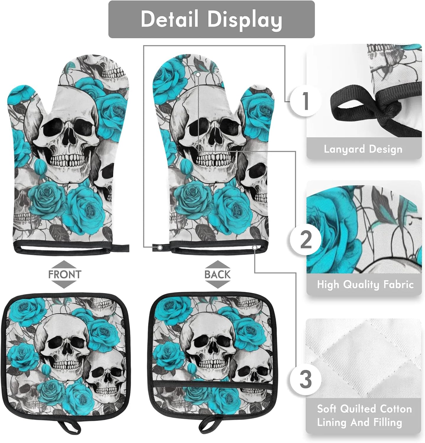 Halloween Flower Skulls Oven Mitts and Potholders Set of 2 Spooky Kitchen Gloves