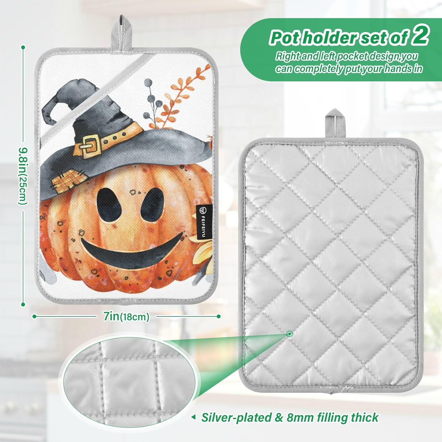 Happy Halloween 2-Piece pumpkin pot holder set with pockets