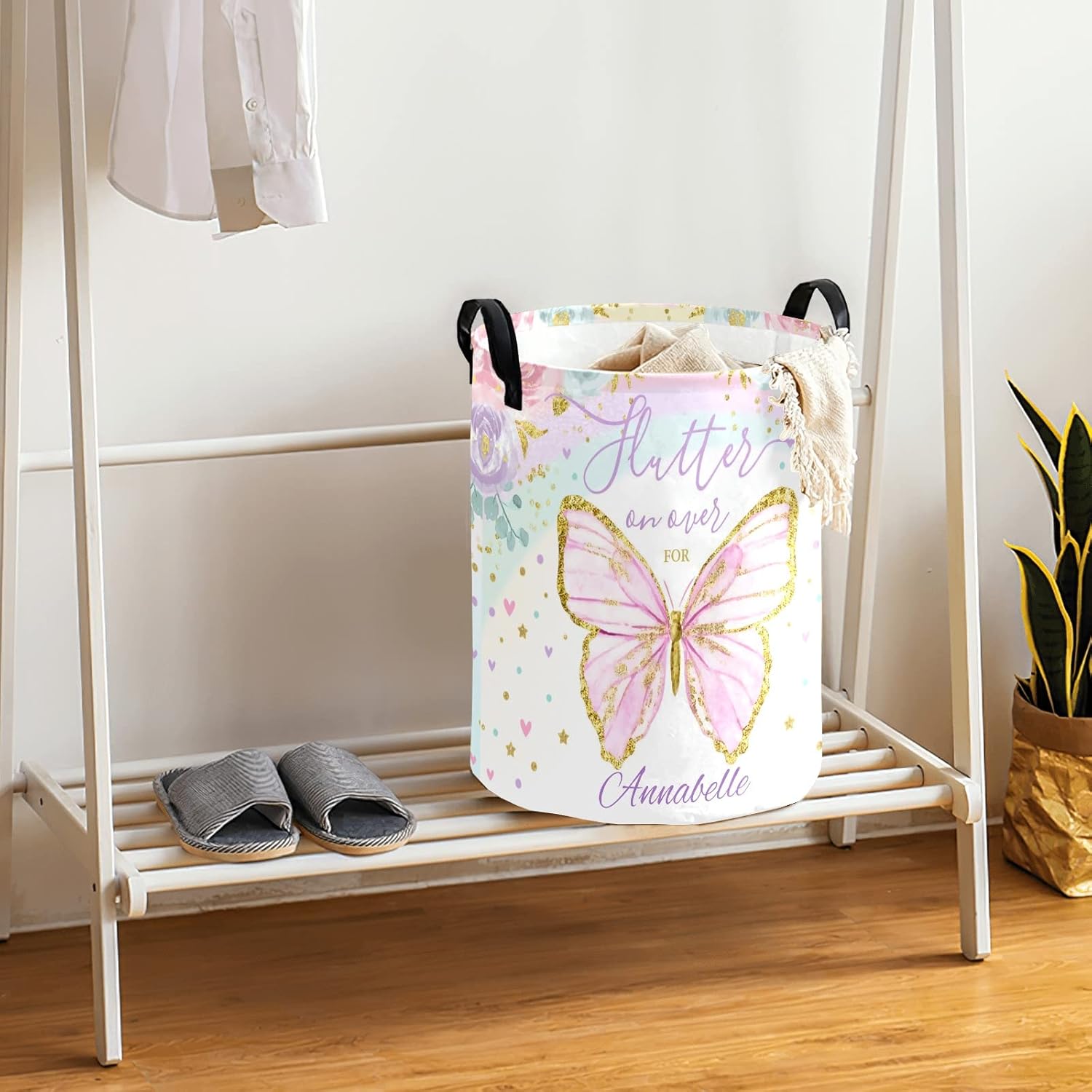 NZOOHY Butterfly Floral Pattern Personalized Waterproof Foldable Laundry Basket Bag with Handle