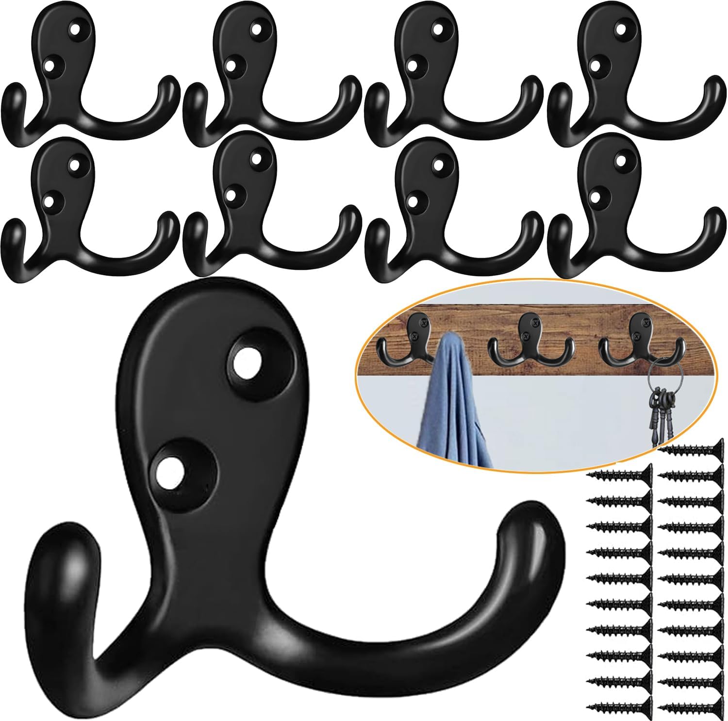MsBongHeavy Duty Dual Coat Hooks Set for Key Hat Umbrella Black