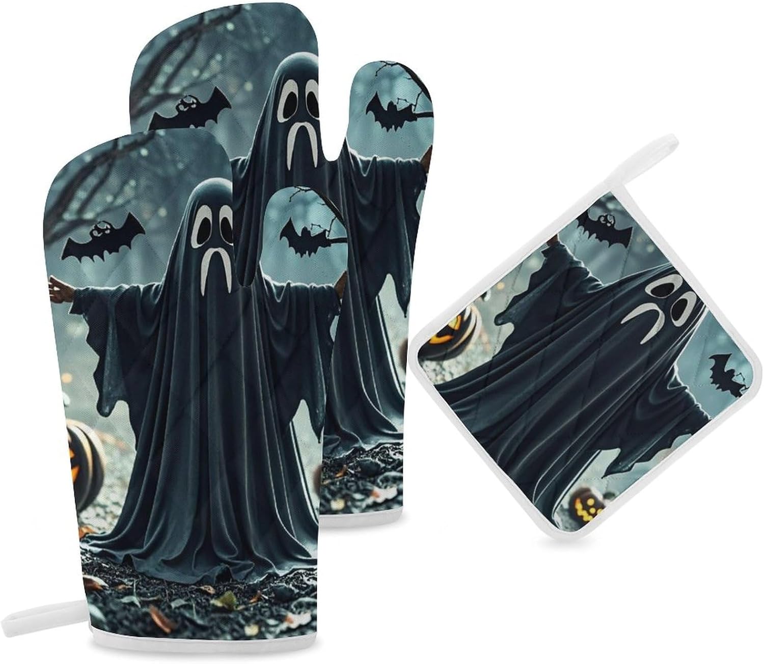 Black and Halloween Ghost Oven Gloves 3-Piece Set