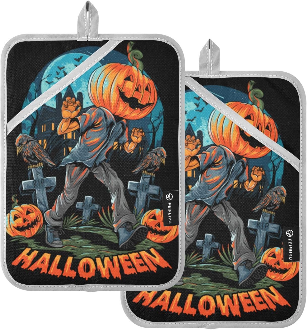 2Pcs Halloween Pumpkin Headed Pot Holders Non Slip with Pockets