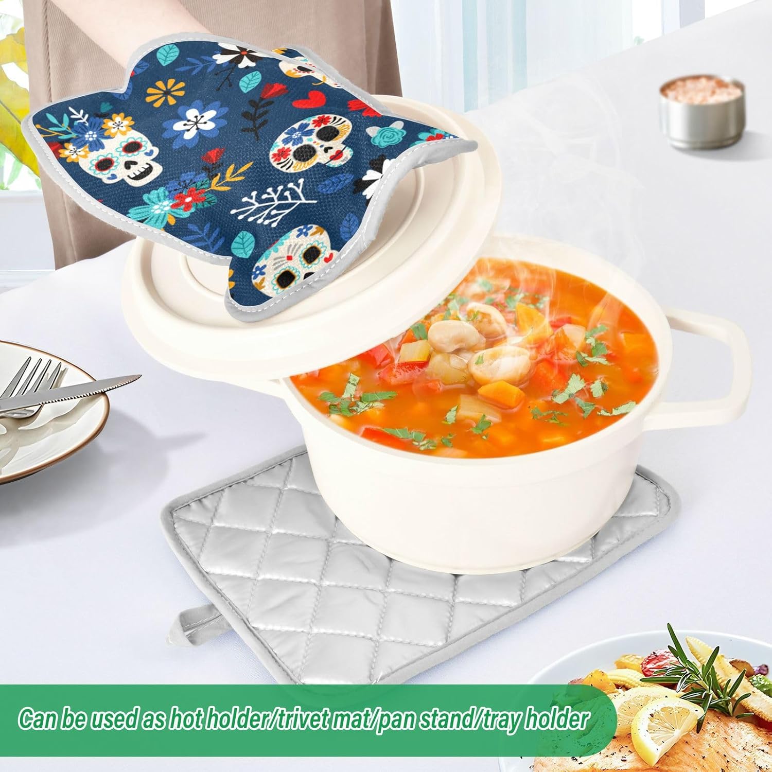 OURVII 2Pcs Day of The Dead Pot Holder Set