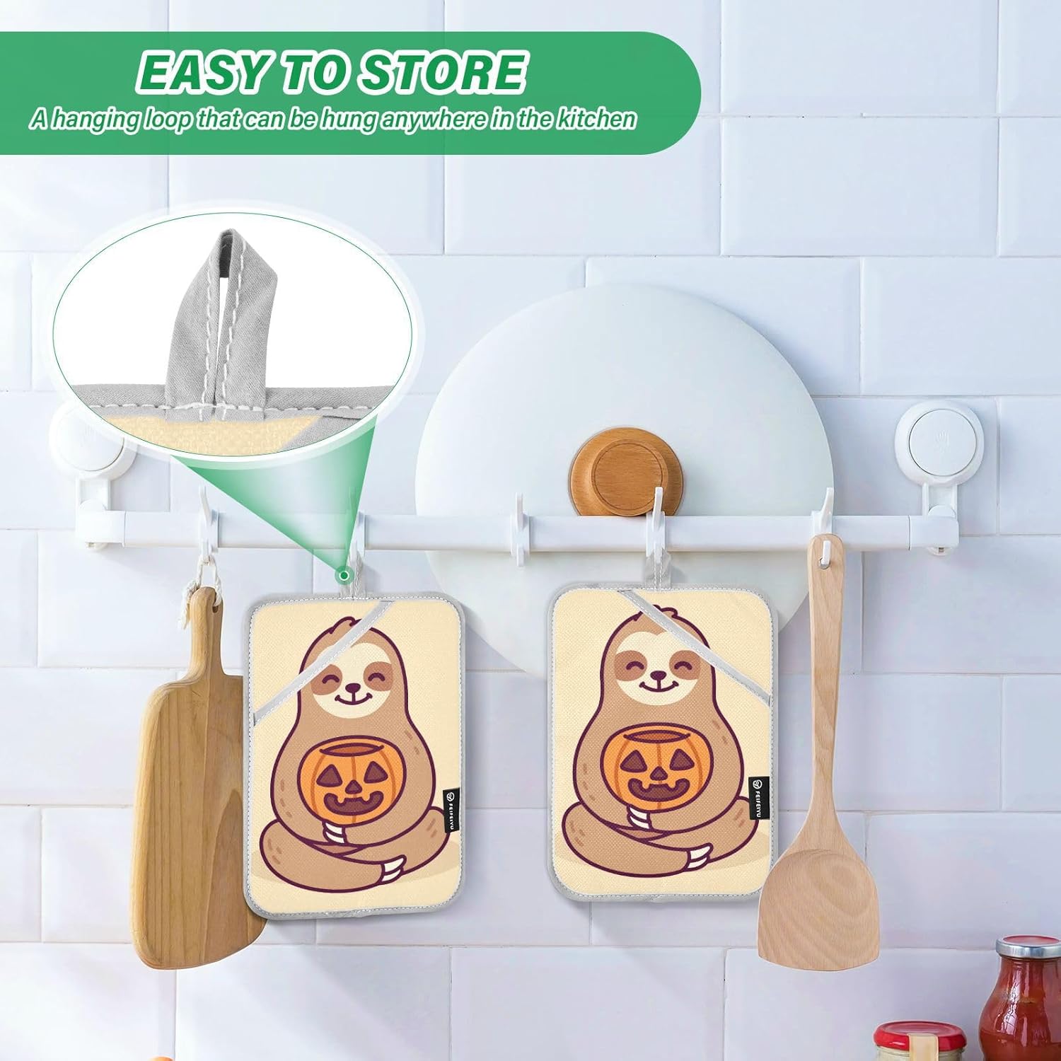 Halloween 2-Piece Cute Sloth Pot Holder Set for Kitchen Pockets Mitts