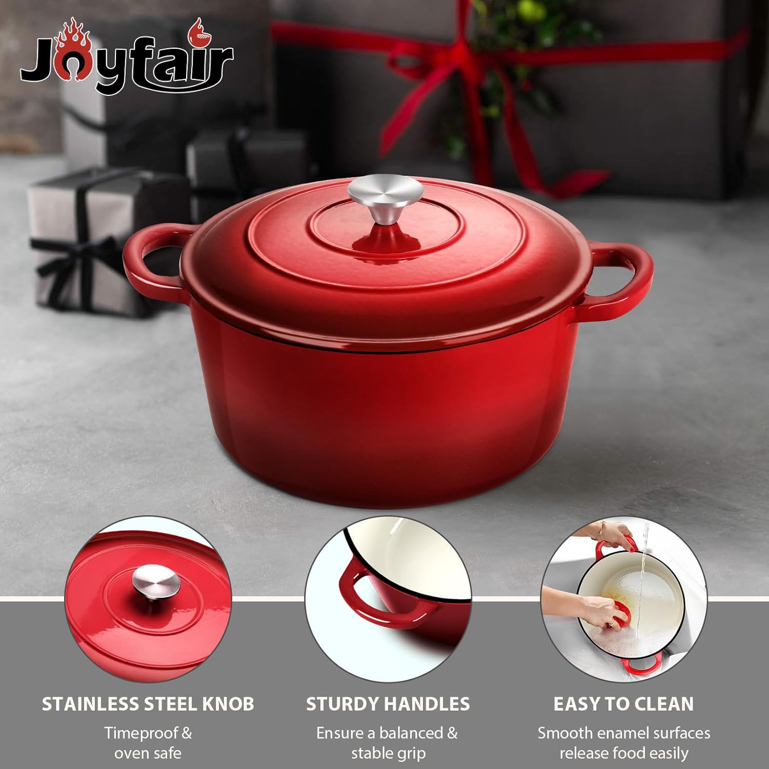 Joyfair Premium Cast Iron Dutch Oven Pot with Lid 5 QT Red