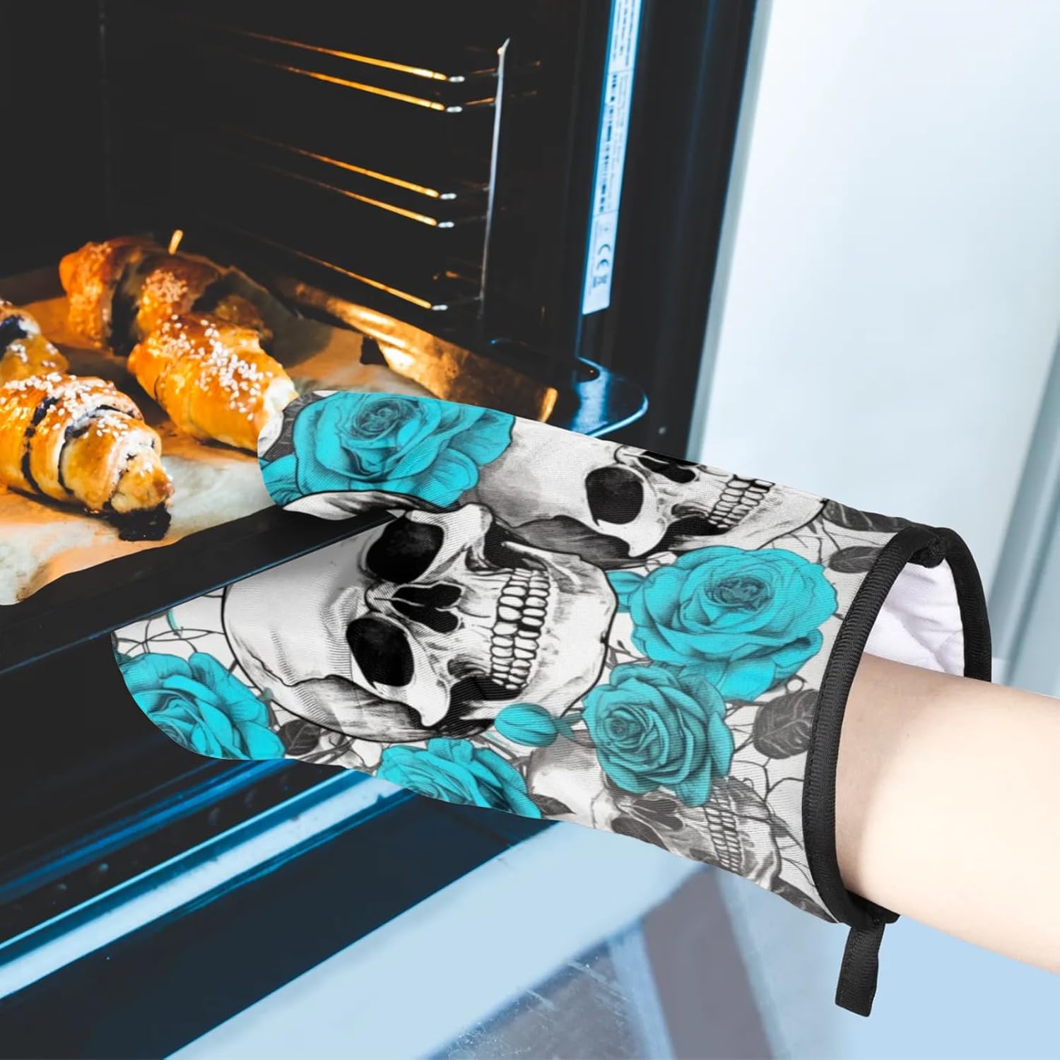 Halloween Flower Skulls Oven Mitts and Potholders Set of 2 Spooky Kitchen Gloves