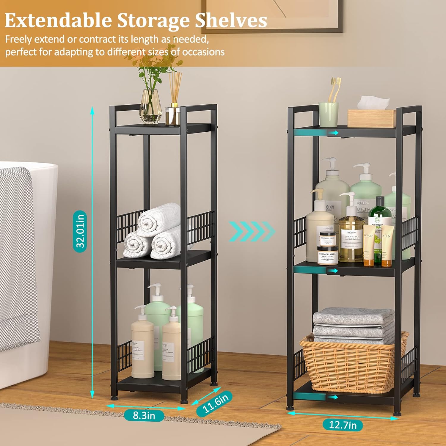 3-Tier Expandable Metal Shelf Free-Standing Bathroom Organizer