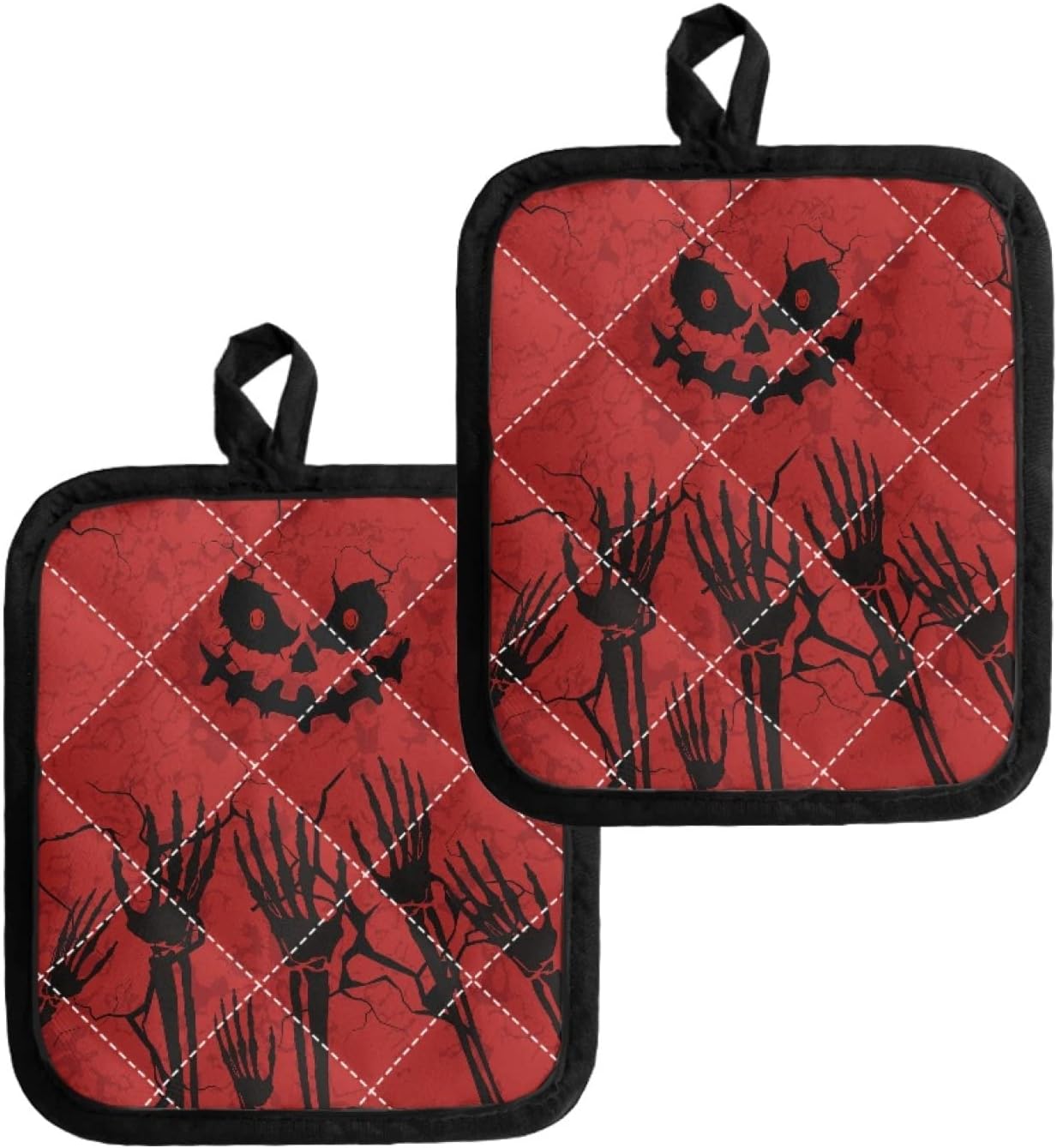 Halloween Skull Oven Mitts Pot Holders Set Red