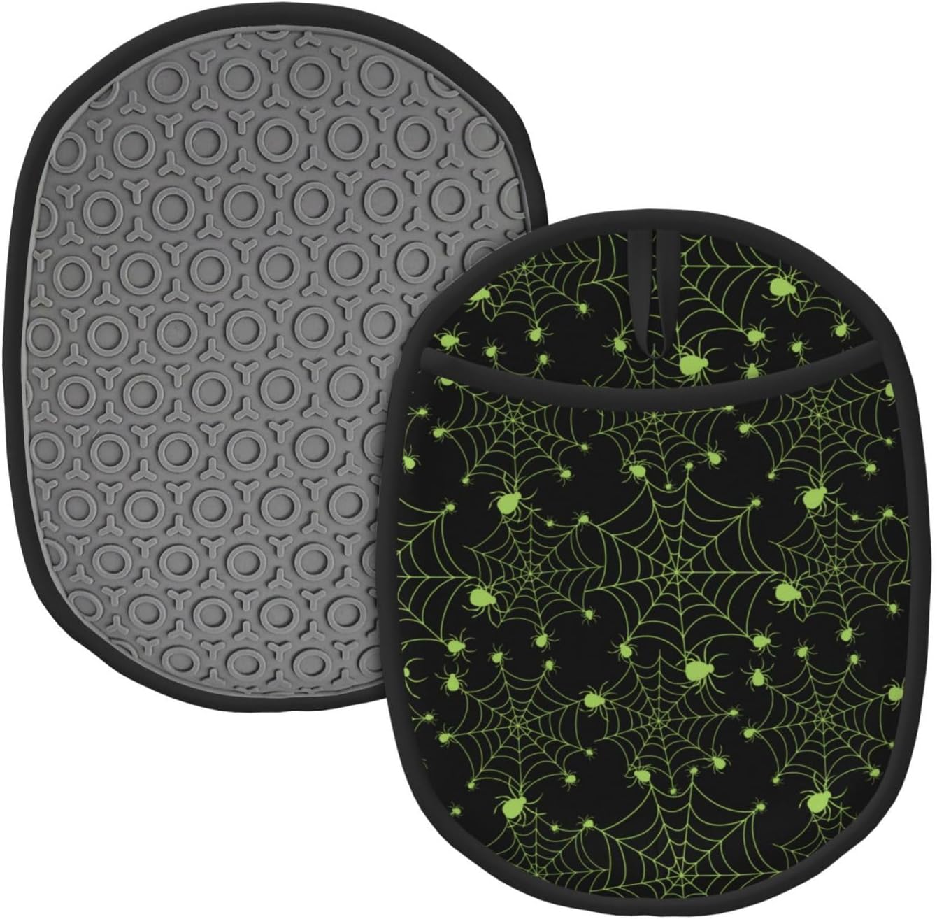 2PCS Halloween Green Spiderweb Oven Mitts with Pocket and Hanging Loop