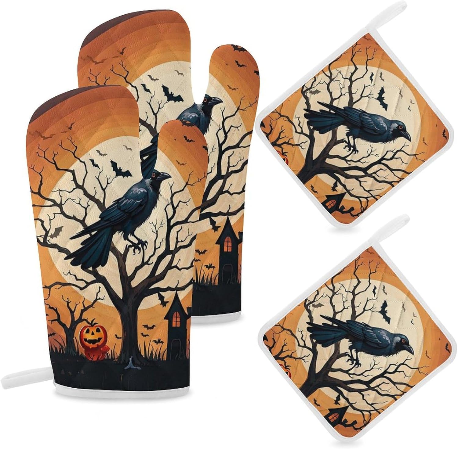 Raven Halloween Oven Mitts Pot Holders Set - Festive 4-Piece Heat-Resistant Gloves