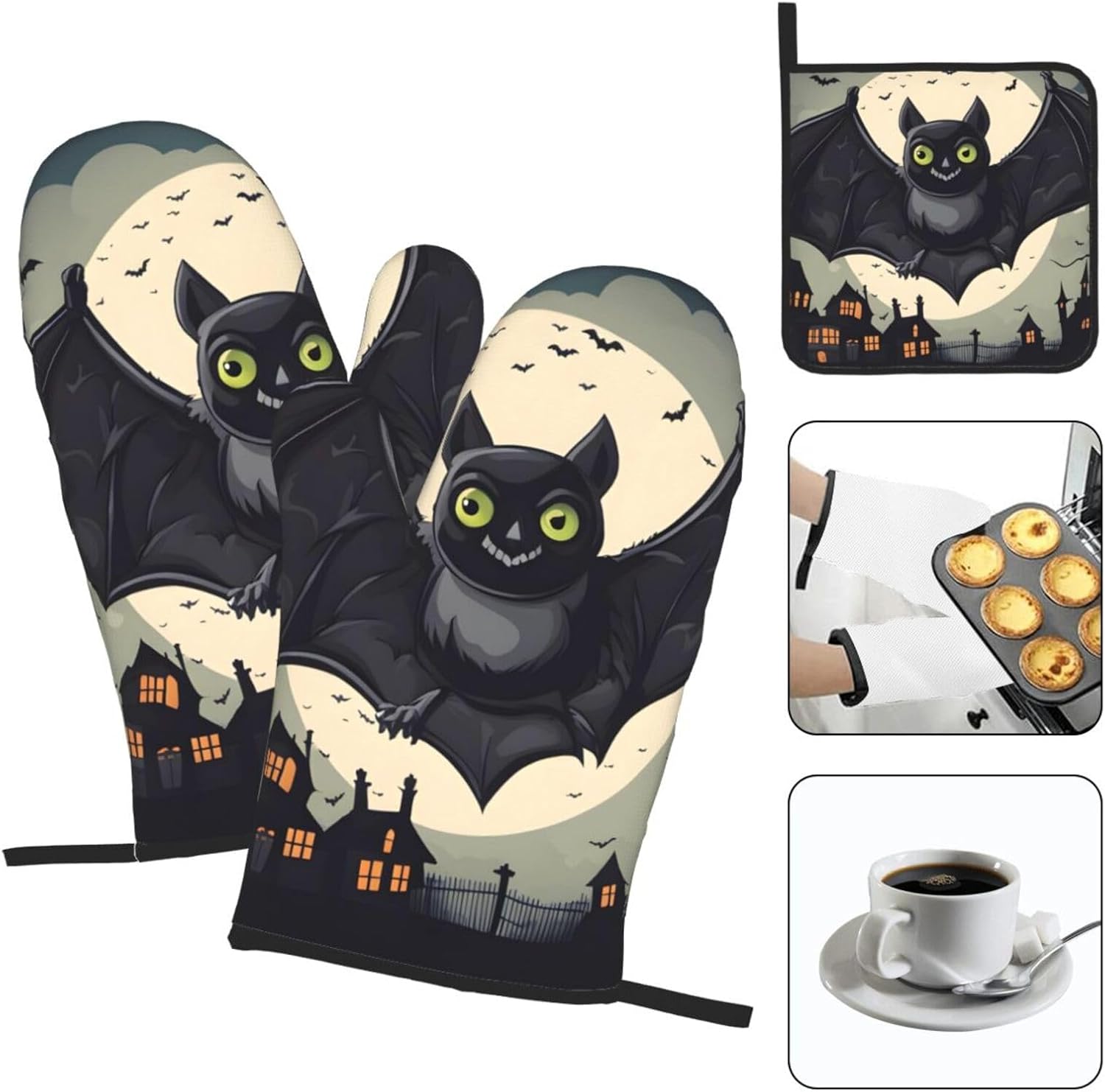 YYHHAOFA Halloween Bat Oven Mitts Set of 3