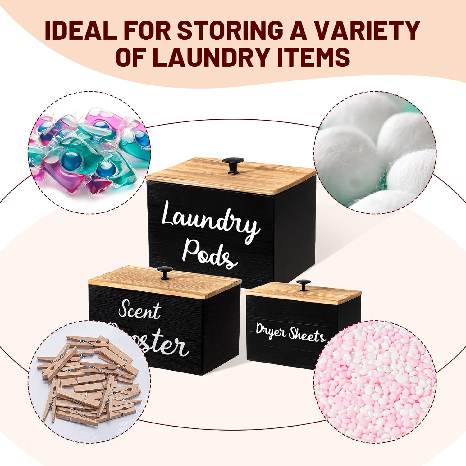 3-Piece Laundry Storage Set Space-Saving Wooden Holder with Scent Booster