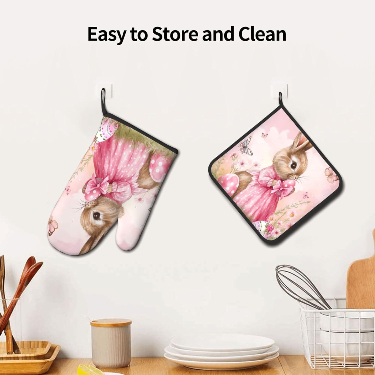 Easter Bunny with Butterflies Pot Holder and Oven Mitt Set