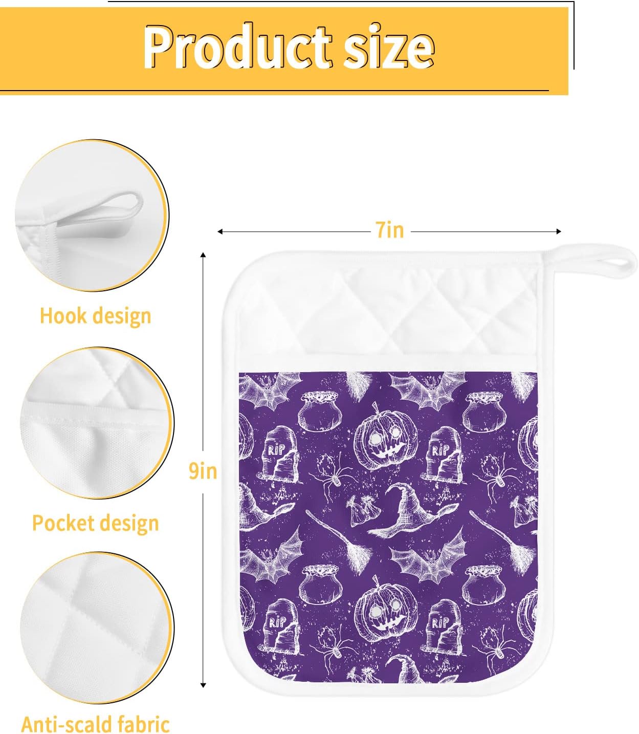 Happy Halloween Purple Potholders Set of 5 with Hanging Loops