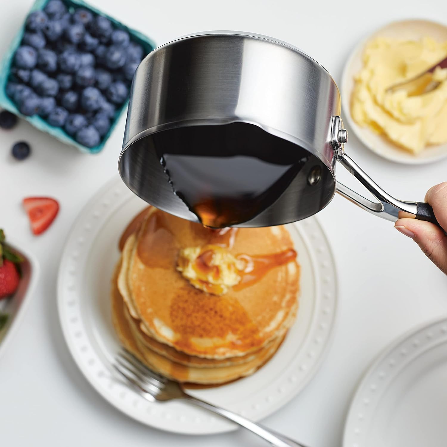 Quick Easyobia1 Quart Stainless Steel Saucepan with Pour Spouts Silicone Grip Handles