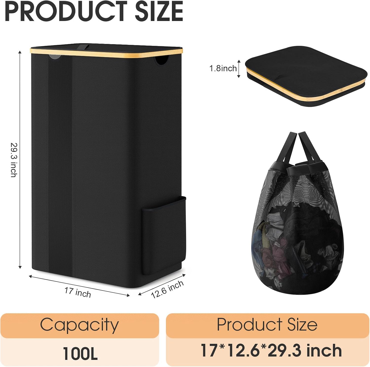 SpaceTrove Large Multi-Use Laundry Hamper with Lid Removable Bag Black
