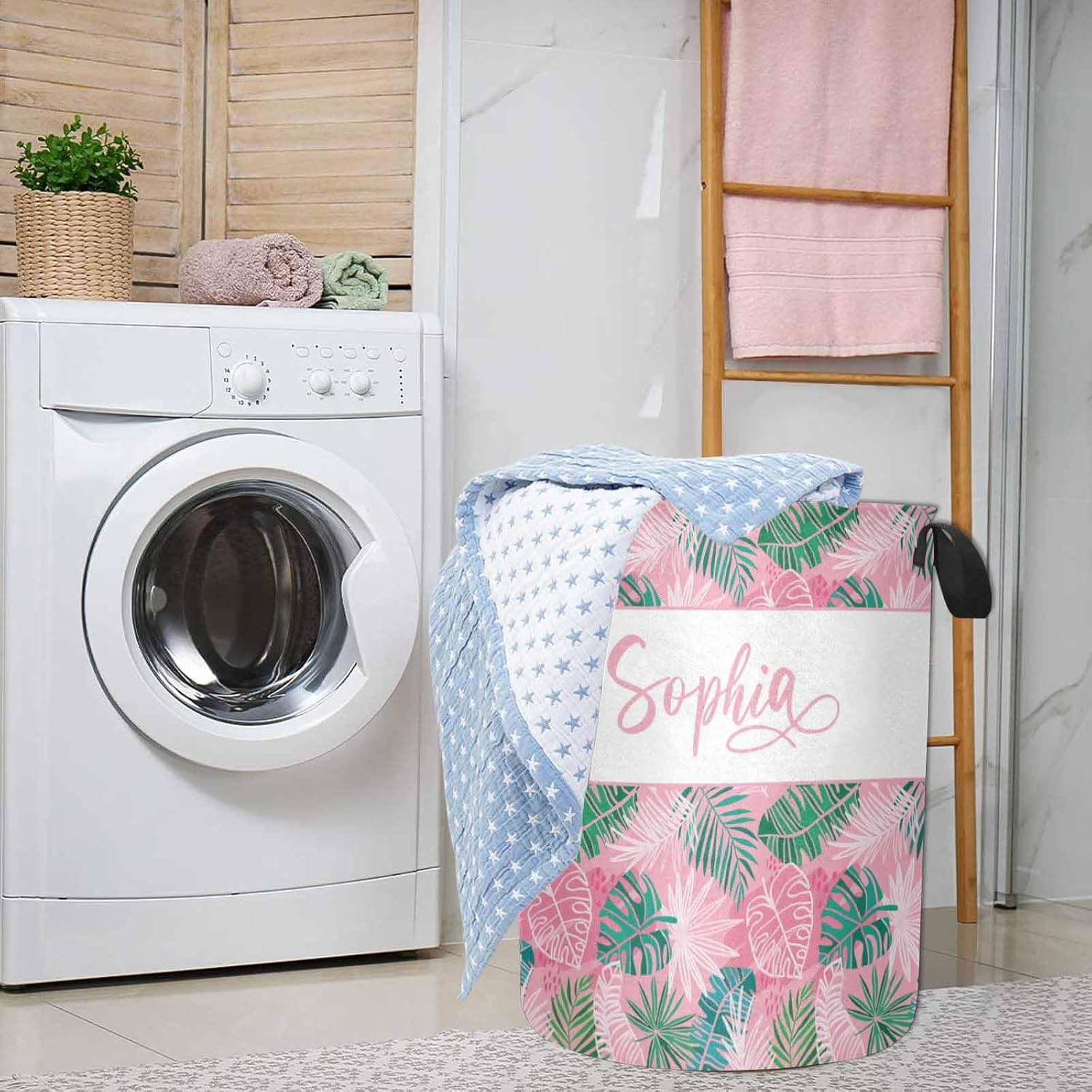 Personalized Laundromat tropical leaves pink hamper for Boys Girls