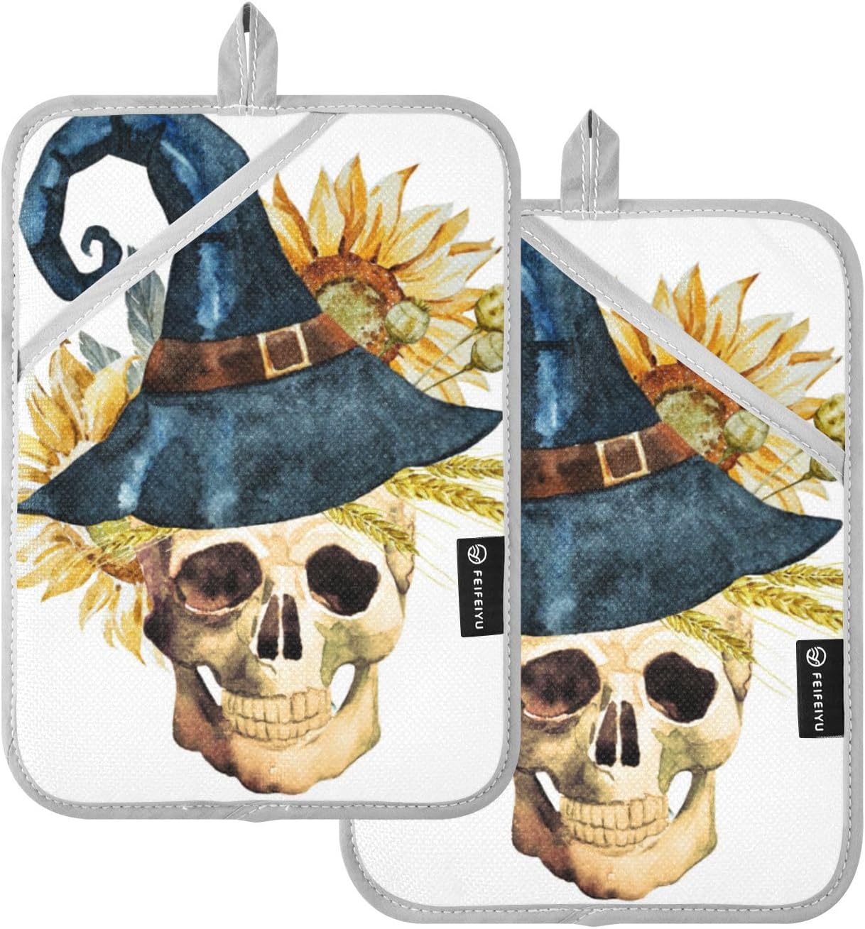 Ourvii 2pc watercolor skull oven mitts