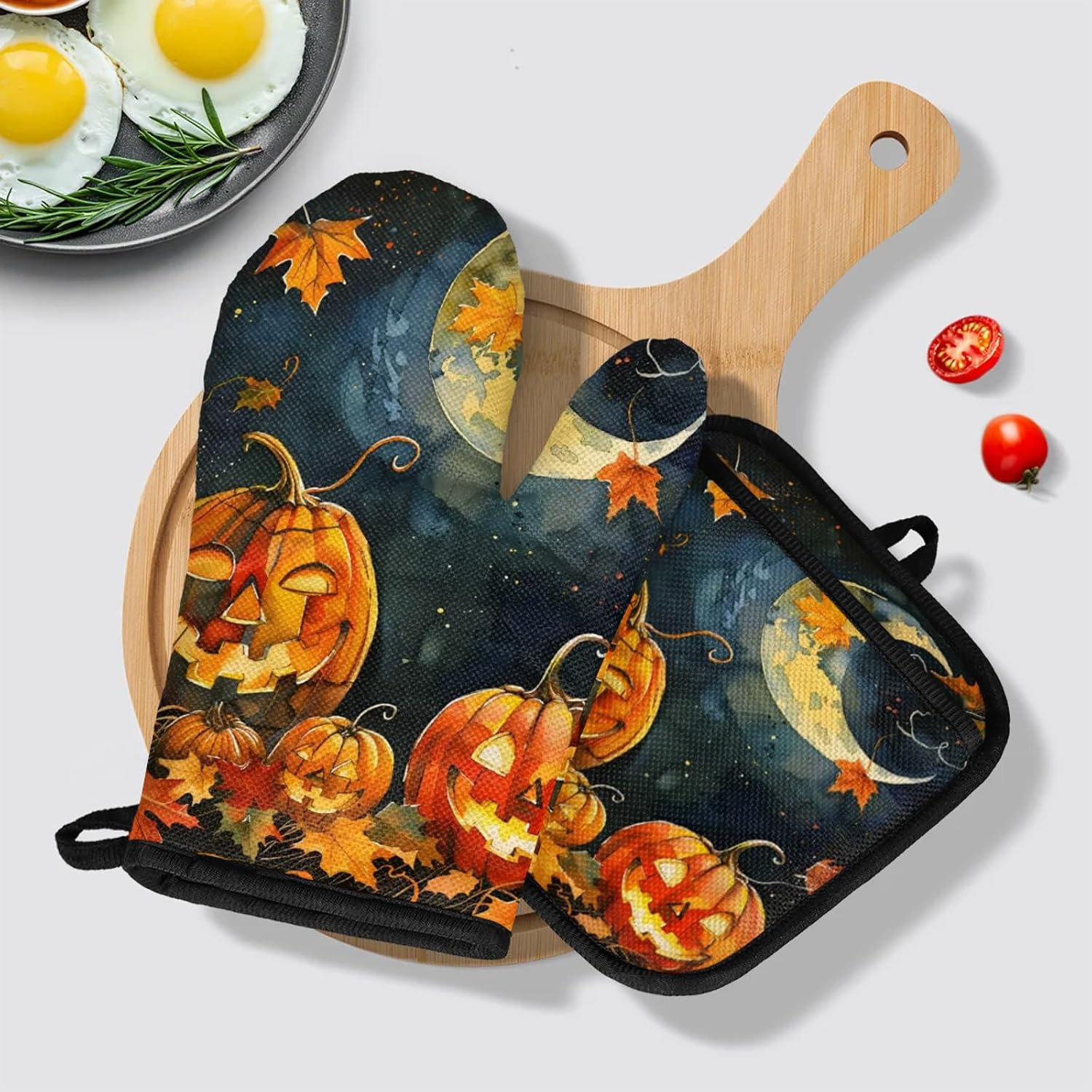 TropicalLife Halloween Pumpkin Oven Mitts and Pot Holders Set