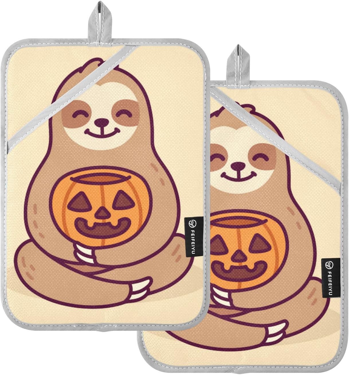 Halloween 2-Piece Cute Sloth Pot Holder Set for Kitchen Pockets Mitts