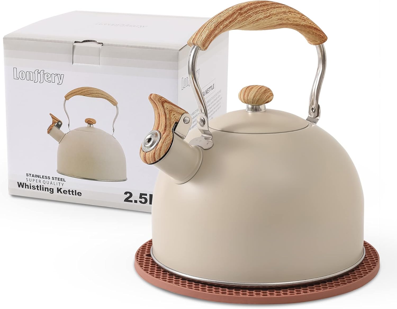 Lonffery 25 Quart Whistling Tea Kettle with Wood Handle