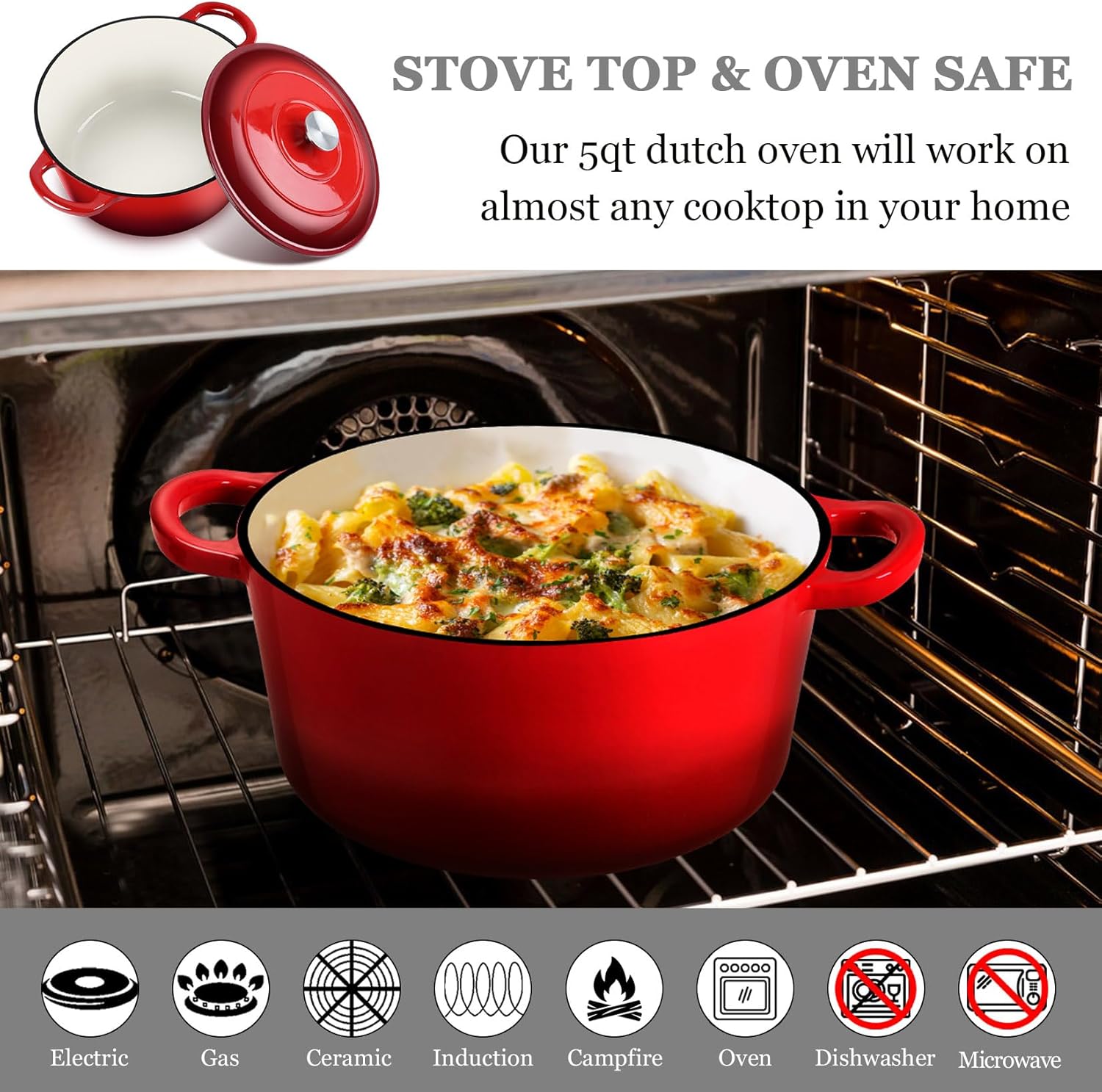 Joyfair Premium Cast Iron Dutch Oven Pot with Lid 5 QT Red
