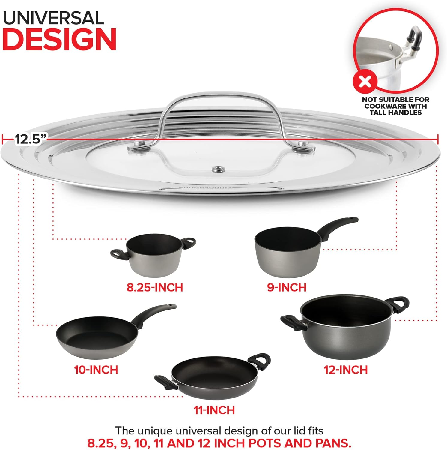 Universal Lid with Tempered Glass Top for Cookware 825-12 Fit