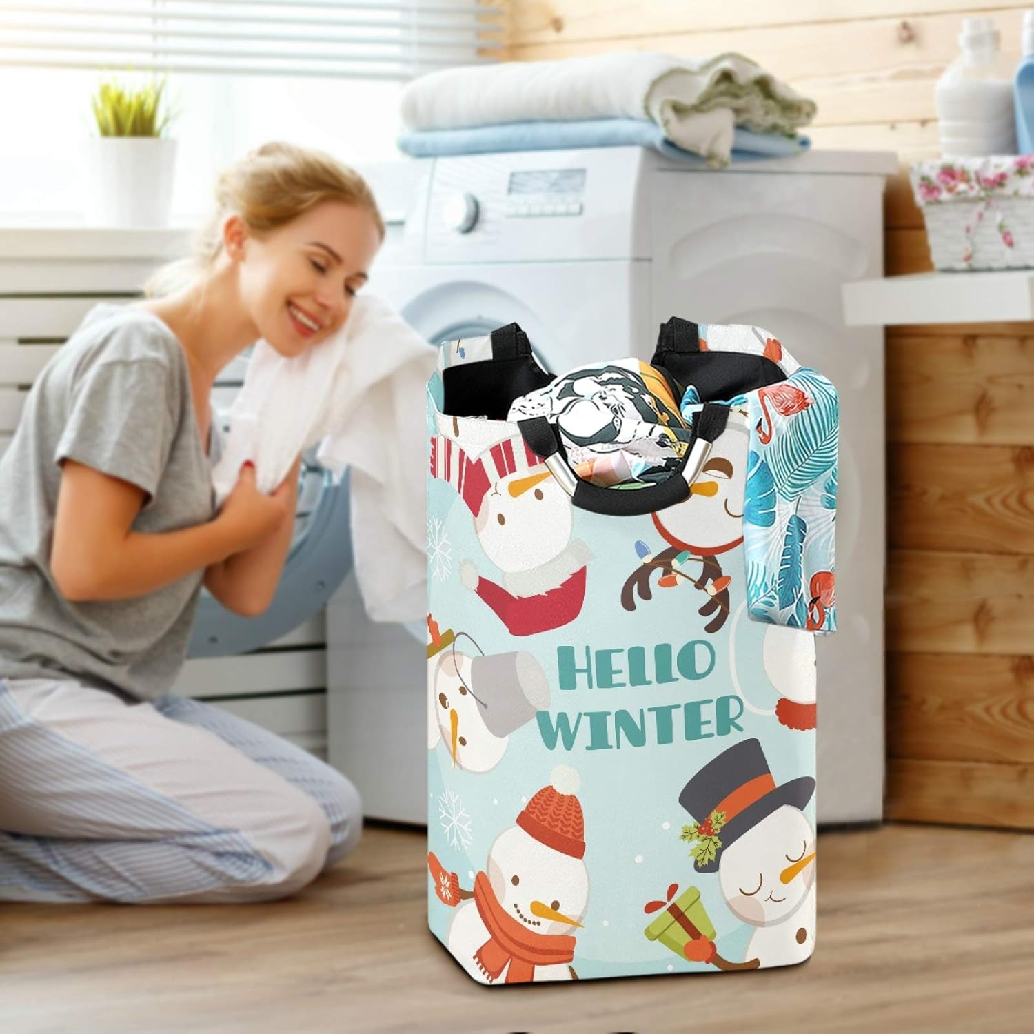 Hello Winter Cute Snowman Foldable Laundry Basket
