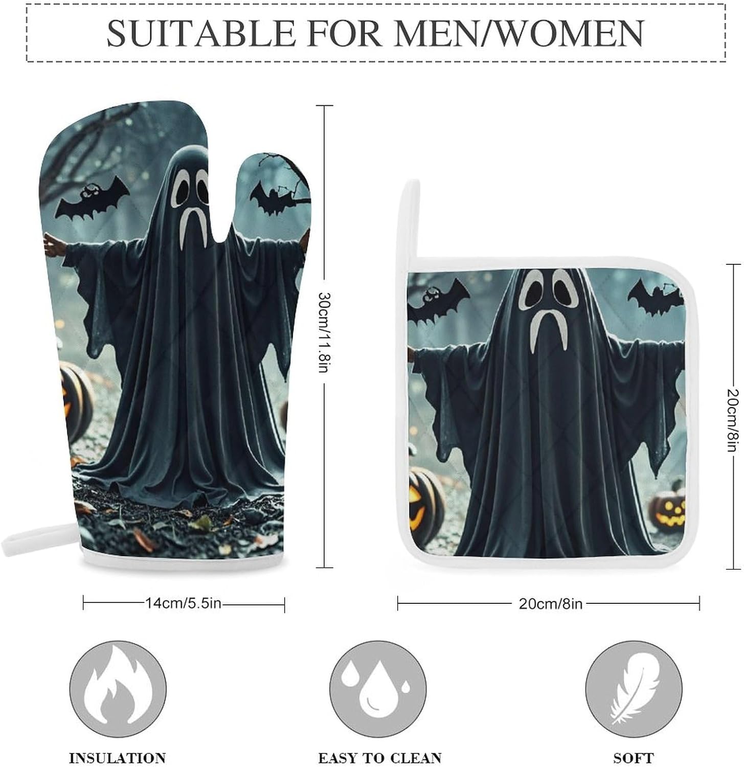 Black and Halloween Ghost Oven Gloves 3-Piece Set
