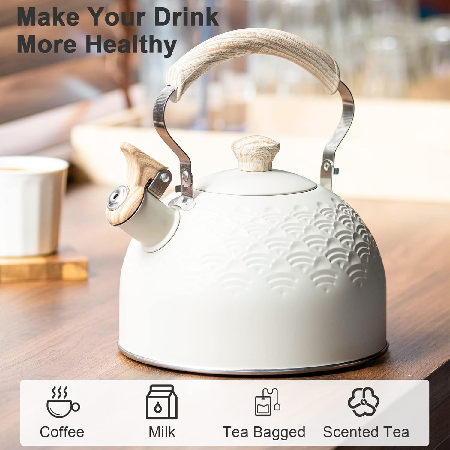 Whistling Stainless Steel Tea Kettle with Wood Handle