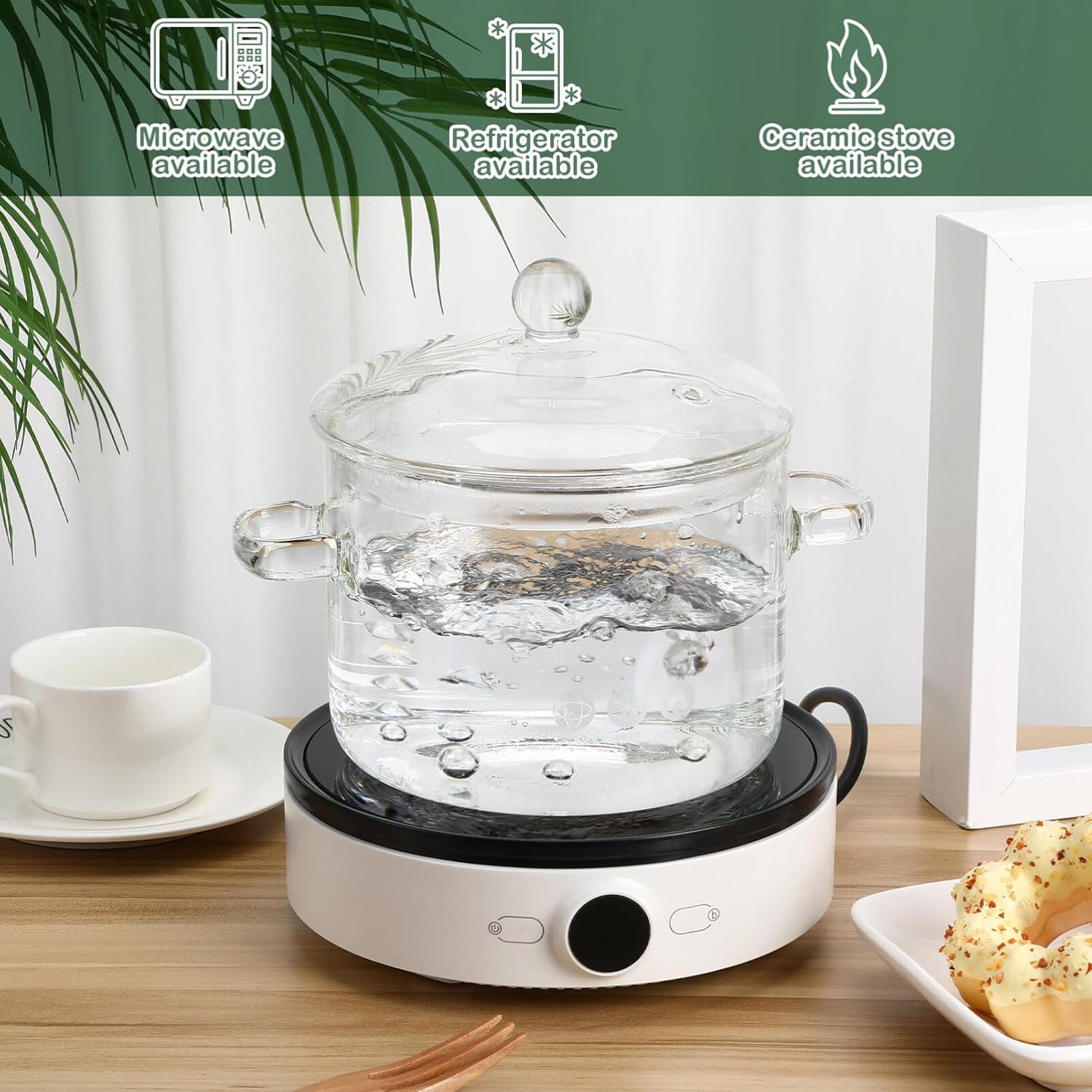 Hemoton Professional Glass Saucepan with Handle and Lid