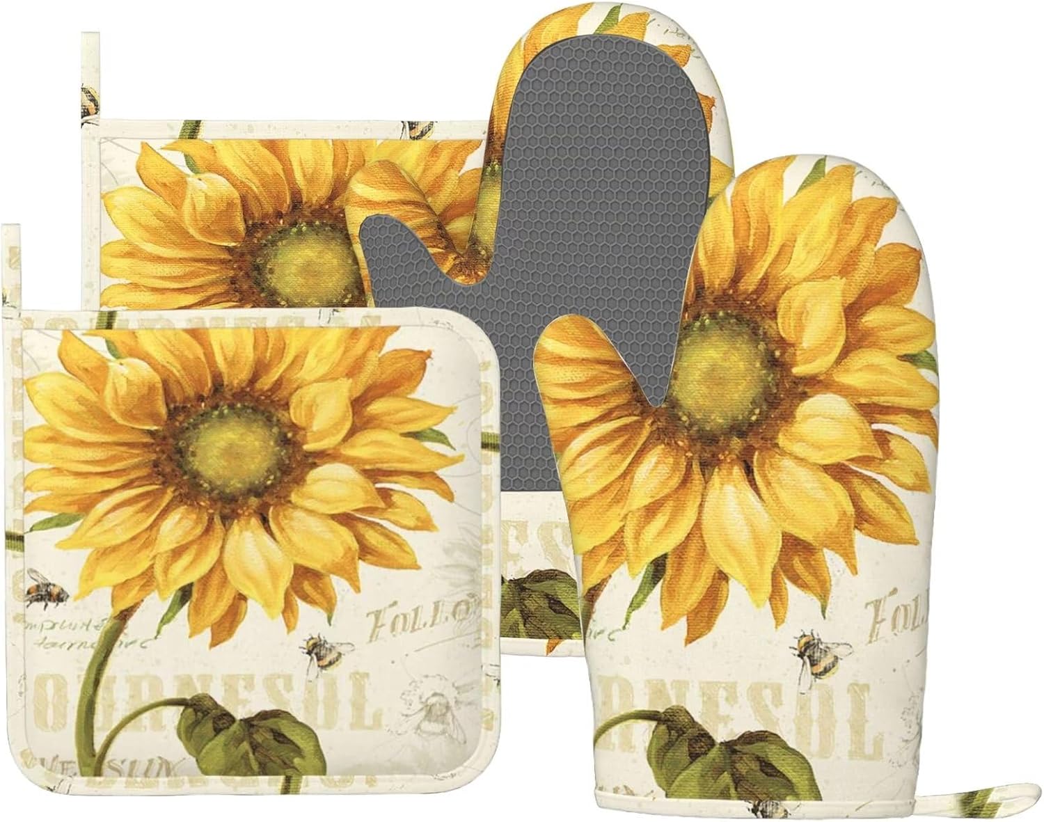 4-Piece Heat Resistant Sunflowers Oven Mitt Set