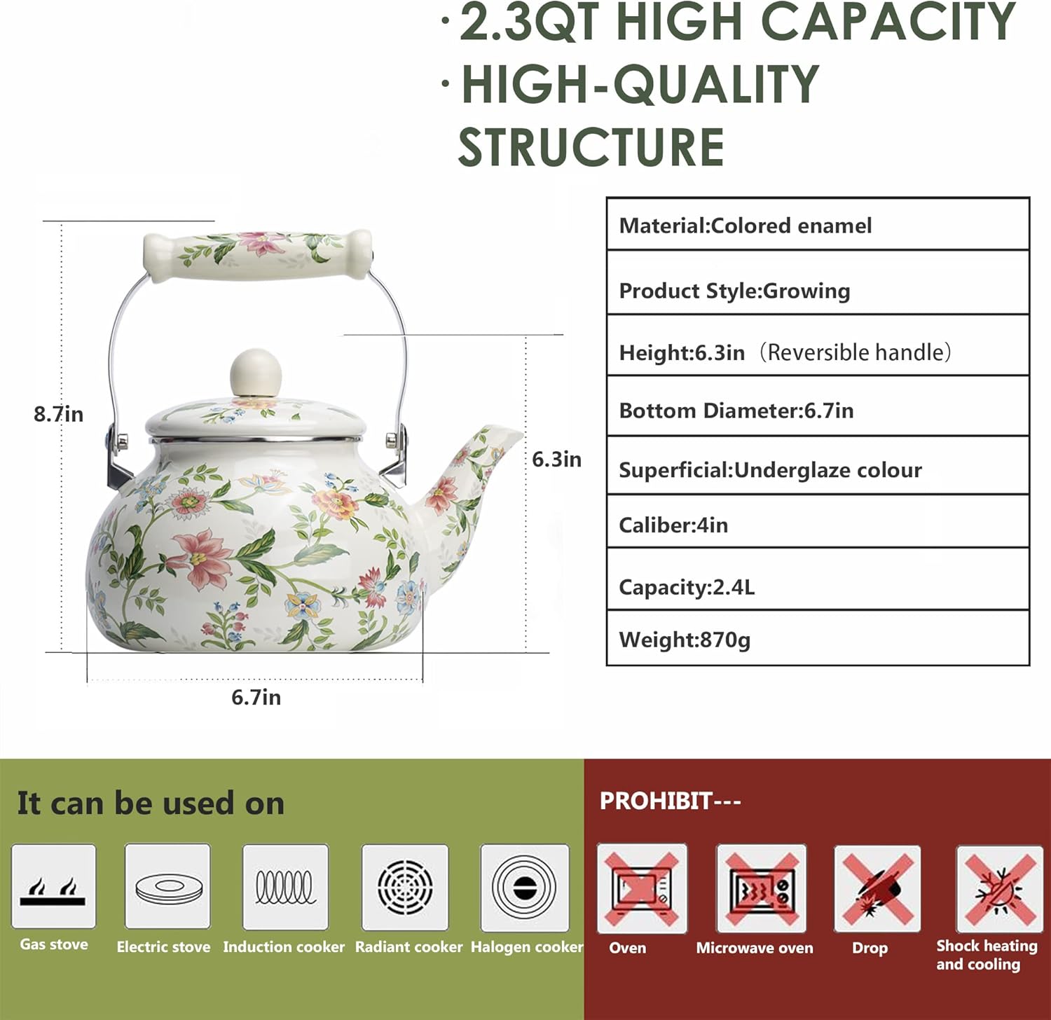 OLYTARU Enamel Teapot with Flower Design